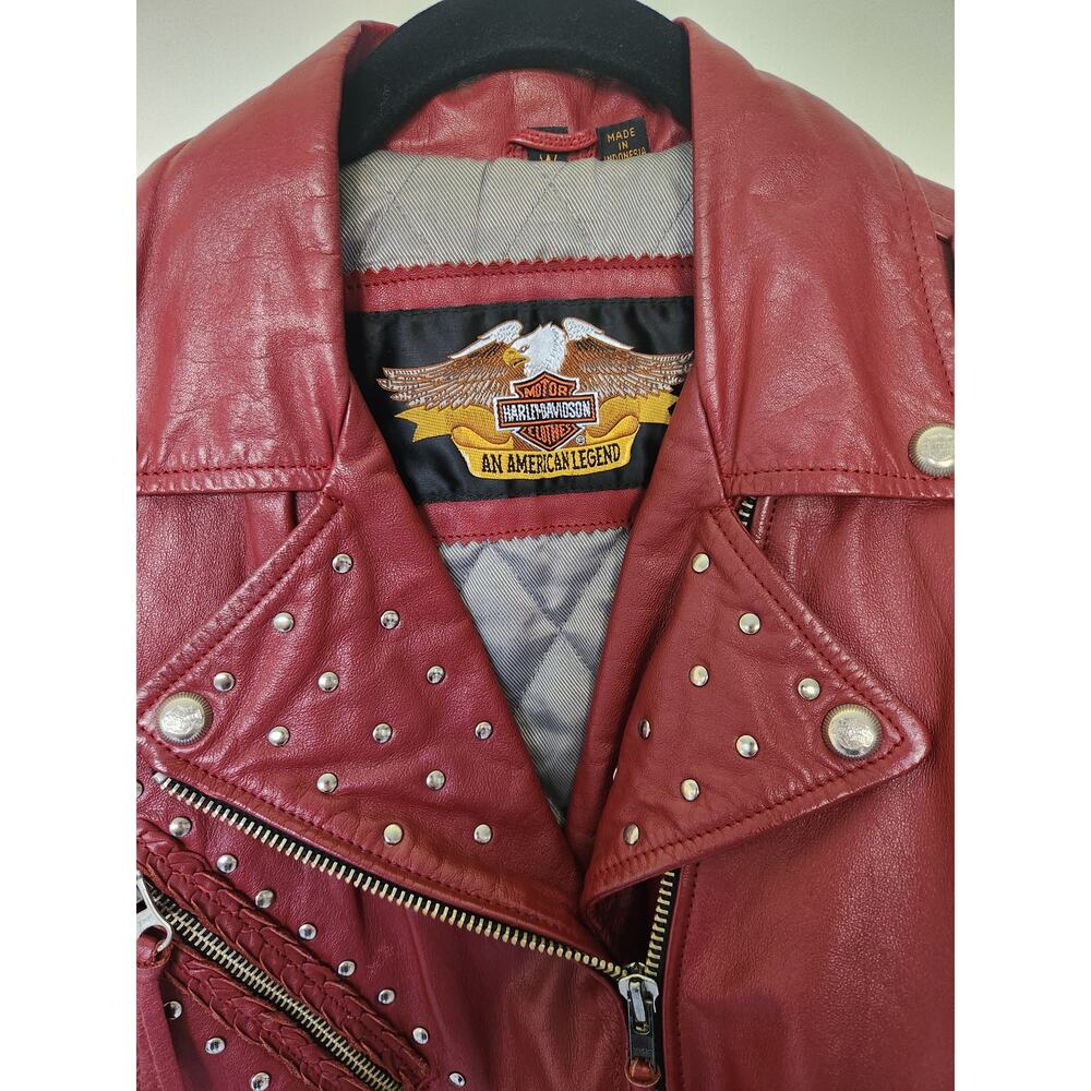 Harley Davidson Women's Red Leather Biker Jacket Size Small Studded Zippers - Picture 3 of 16